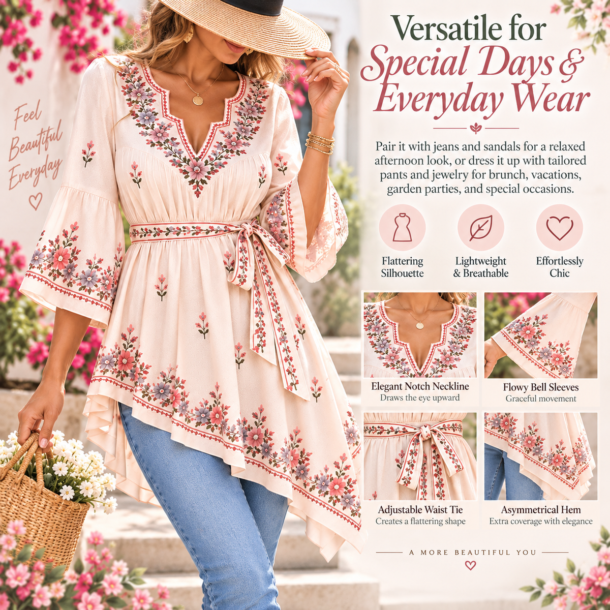 Eva | Boho floral tunic tie waist bell sleeve 3