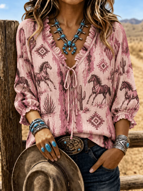 Noelle | Western desert cactus wild horse printed shirt 1