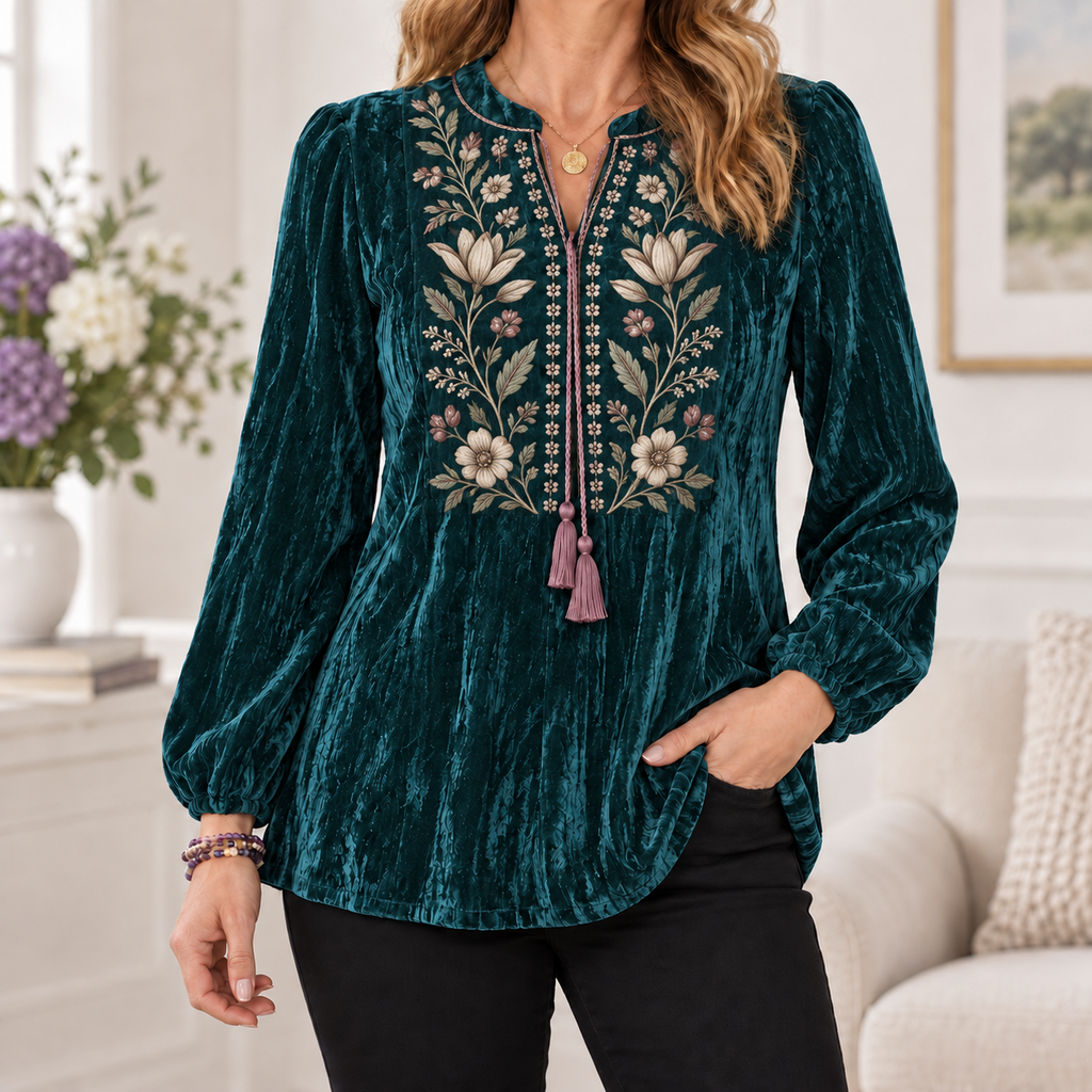 Cora | Floral embroidered velvet blouse teal 1