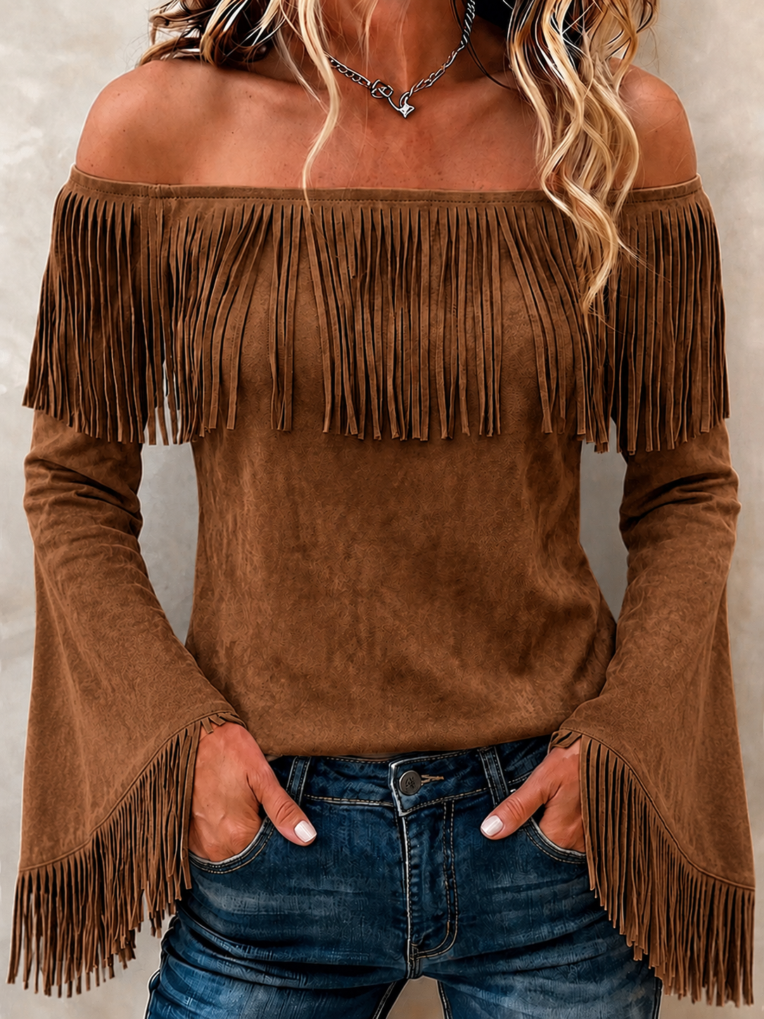 Olivia | Solid colour multi-colour retro suede trumpet sleeve top 2
