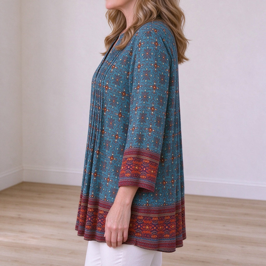 Cordelia | Teal boho geometric print pleated V-neck top 3