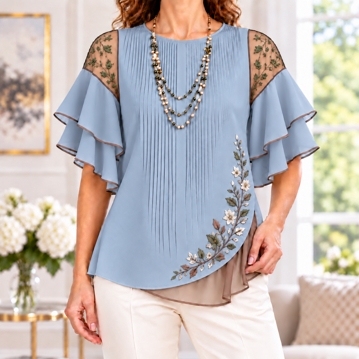 Beatrice | Floral embroidered pleated layered blouse 2