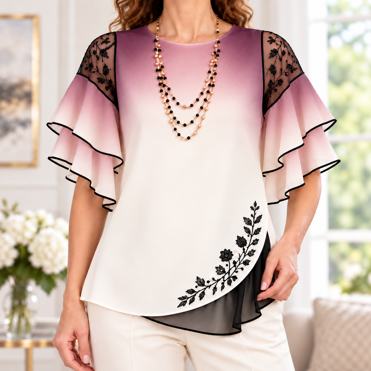 Astrid | Rose ombre pleated embroidered blouse 1