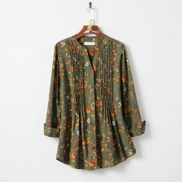 Dawn | Olive bird leaf print pleated button notch top 2
