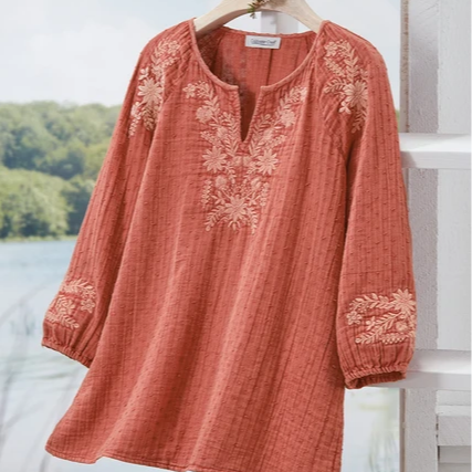 Estelle | Terracotta cotton gauze floral embroidered V-neck top 2