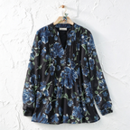 Daisy | Black blue floral pleated button notch neck top 2