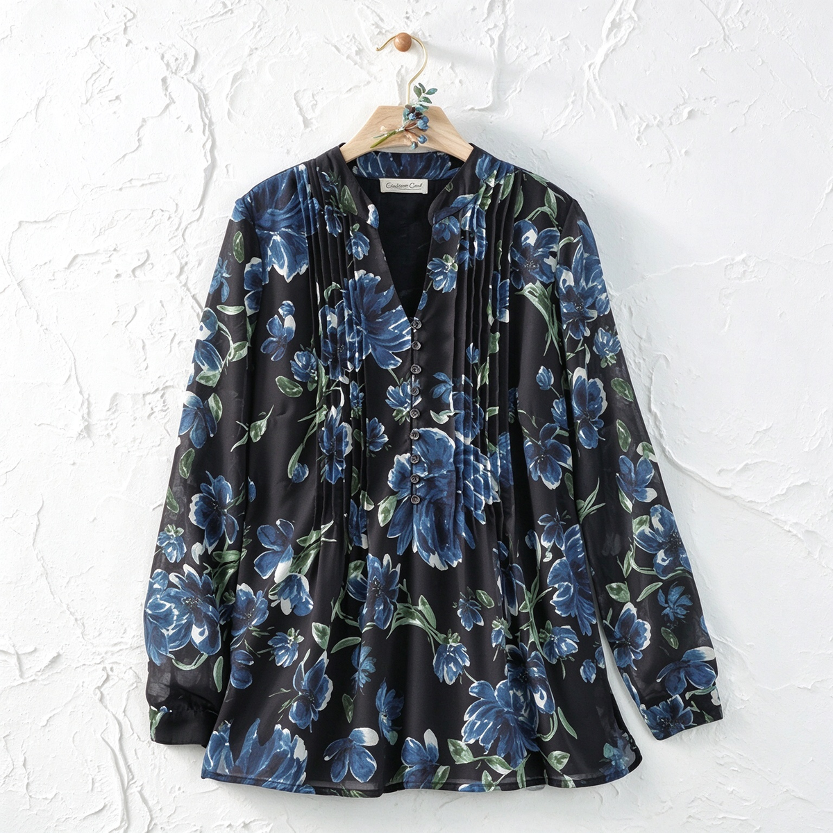 Daisy | Black blue floral pleated button notch neck top 2