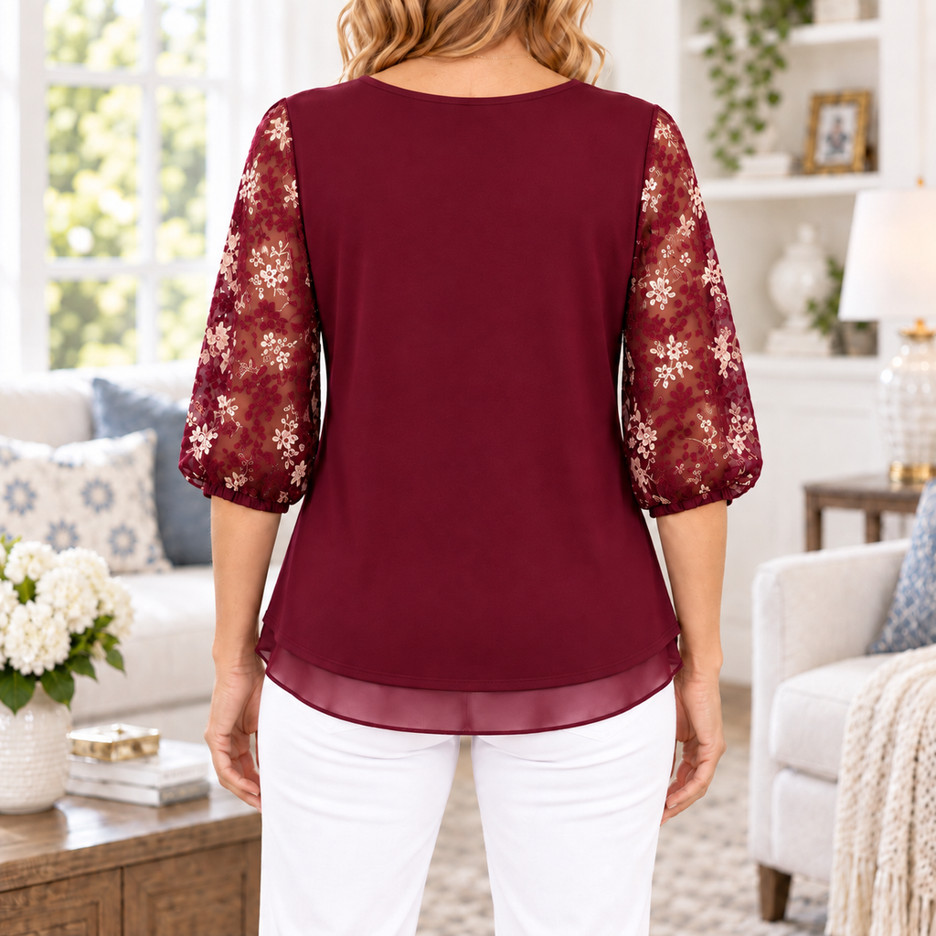 Charlotte | Burgundy embroidered blouse sheer puff sleeve 3