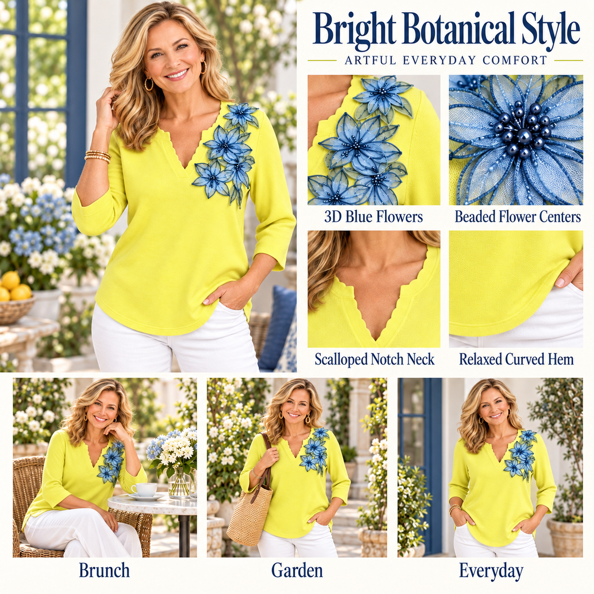 Edith | Floral applique top yellow 3/4 sleeve 3
