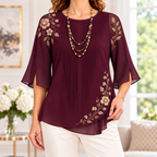 Gloria | Burgundy floral embroidered pleated blouse 1