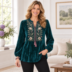 Cora | Floral embroidered velvet blouse teal 2