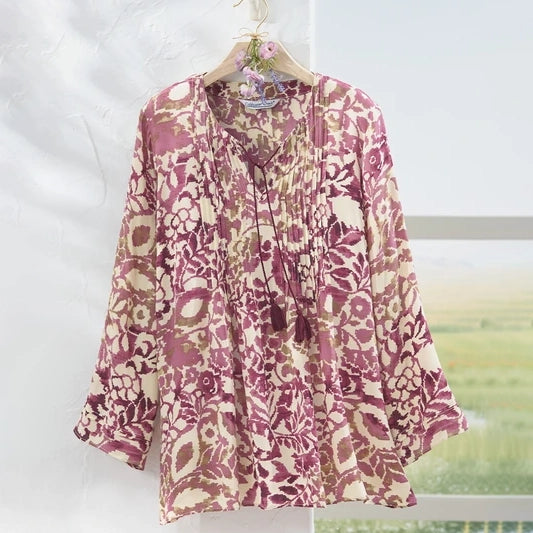 Esther | Pink boho floral print pleated tassel tie top 2