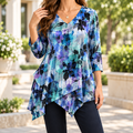 Ella | Boho watercolour floral tunic blue V-neck 1
