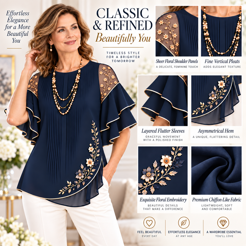 Ada | Navy embroidered blouse flutter sleeve 3