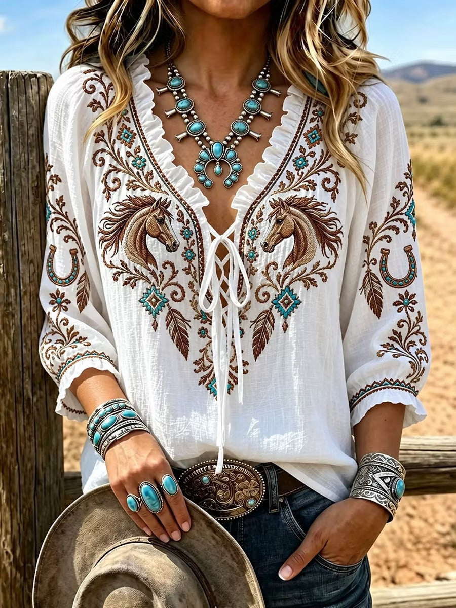Nina | Retro horse art print V-neck top 1