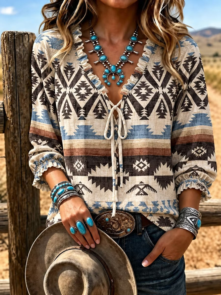 Nicole | Western style art print tie-front top 1