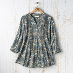 Denise | Slate blue woodland deer pleated button notch top 2