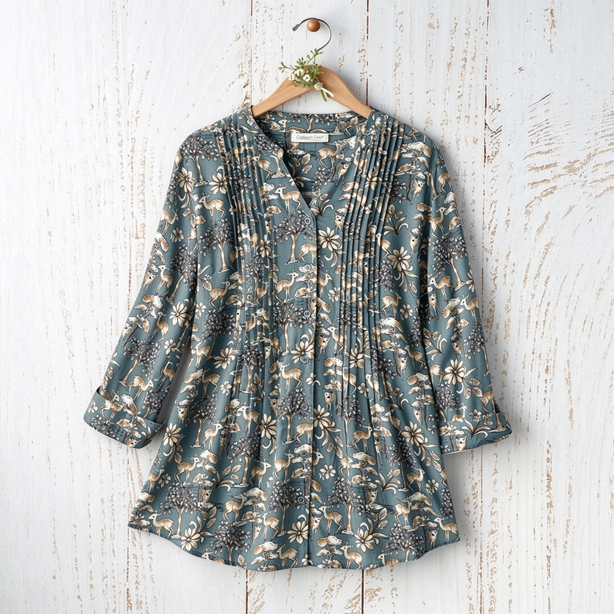 Denise | Slate blue woodland deer pleated button notch top 2