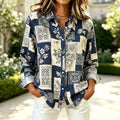 Mara | Navy framed floral tile patchwork button down top 1