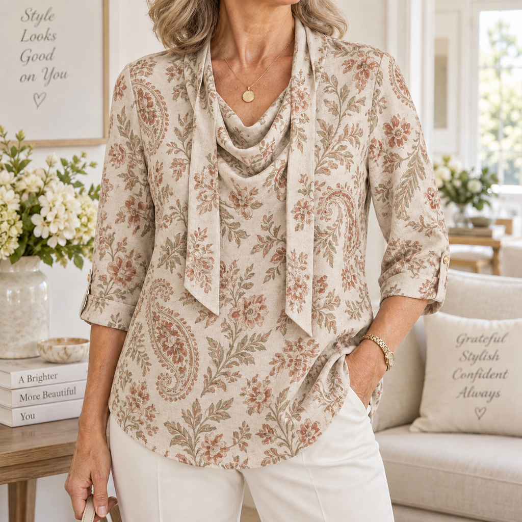 Dulcie | Beige paisley tunic cowl neck 3/4 sleeve 1