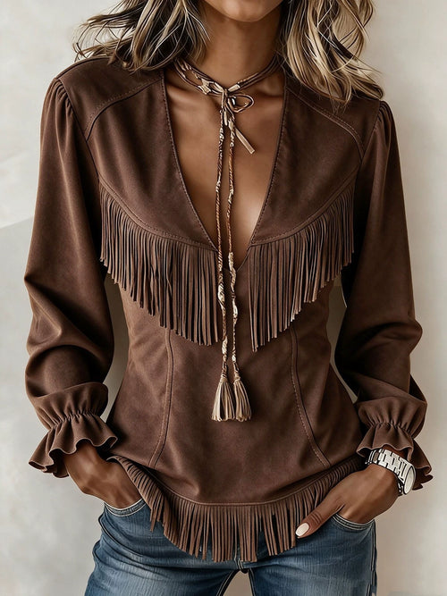 Olive | Western-style fitted fringe top 1