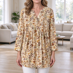 Corinne | Autumn leaf print pleated button notch neck top 1