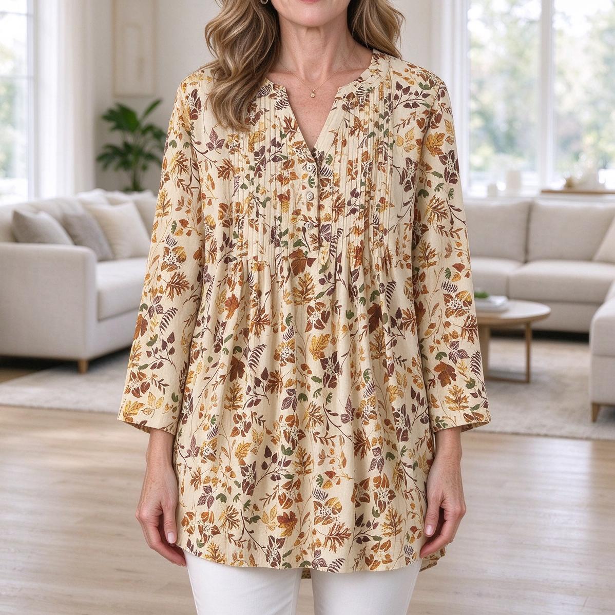 Corinne | Autumn leaf print pleated button notch neck top 1