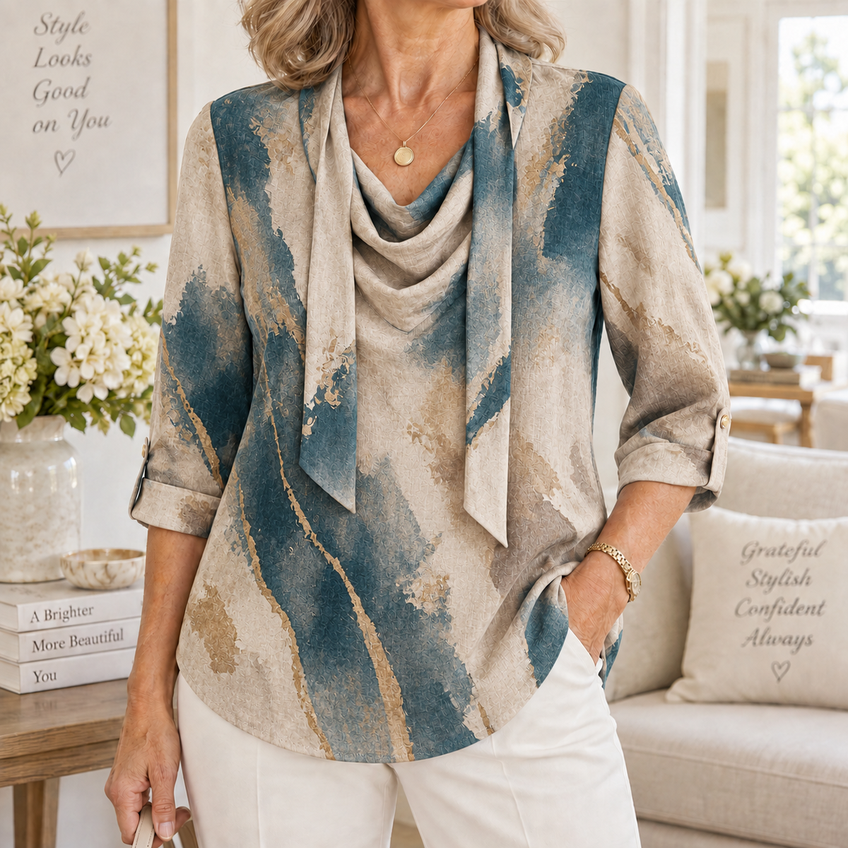Donna | Teal abstract tunic cowl neck 3/4 sleeve 1