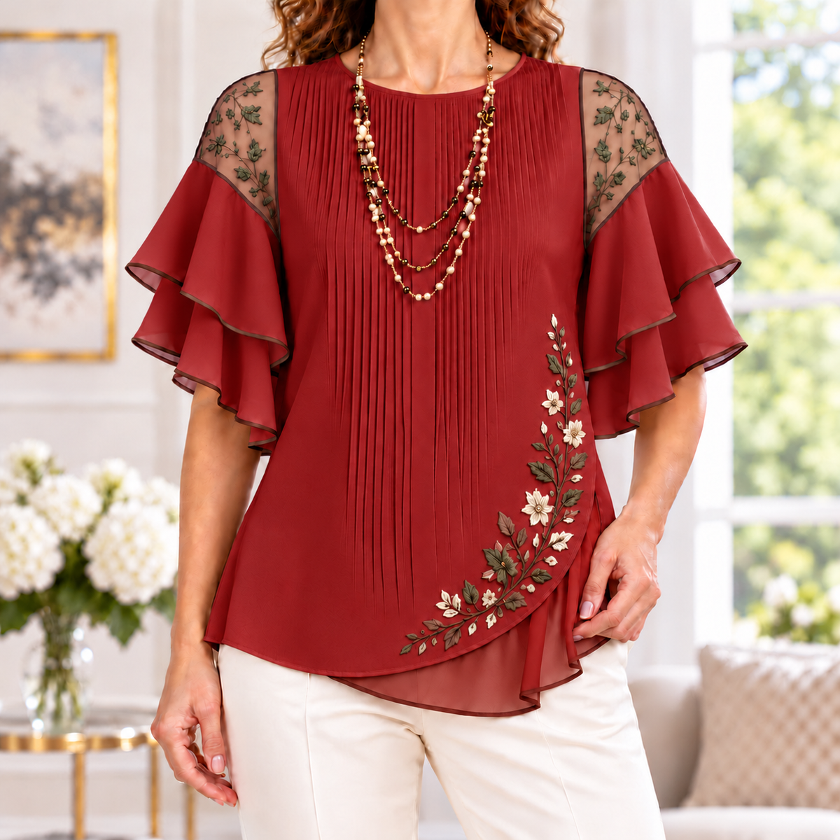 Beatrice | Floral embroidered pleated layered blouse 8