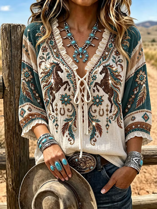 Nora | Western style art print tie-front top 1