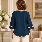 Gina | Navy split neck scallop hem blouse 3