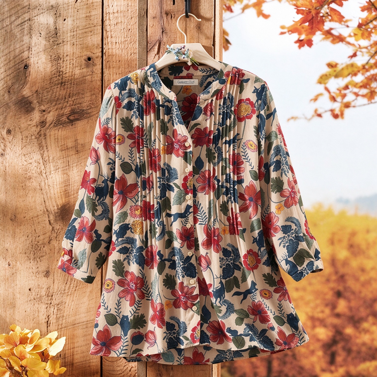 Daphne | Cream red floral pleated button notch neck top 2