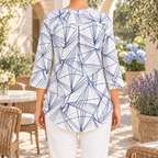 Millie | Modern geometric print blouse white navy 3