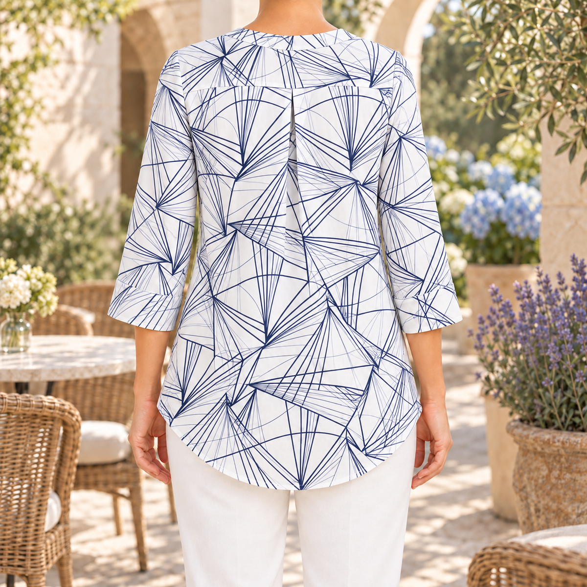 Millie | Modern geometric print blouse white navy 3