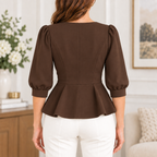 Nadia | Floral embroidered peplum top brown 3