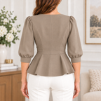 Muriel | Floral embroidered peplum top taupe 3/4 sleeve 3