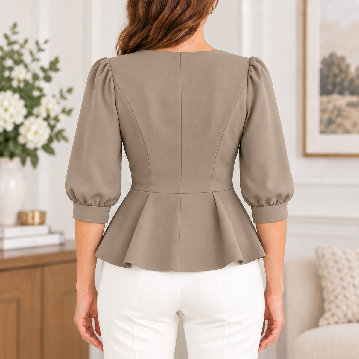Muriel | Floral embroidered peplum top taupe 3/4 sleeve 3