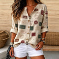 Kathleen | Vintage stamp print split V-neck button top 1