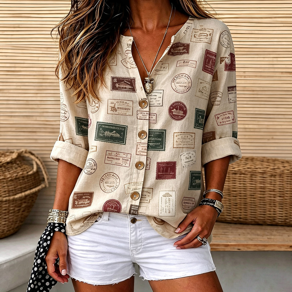 Kathleen | Vintage stamp print split V-neck button top 1