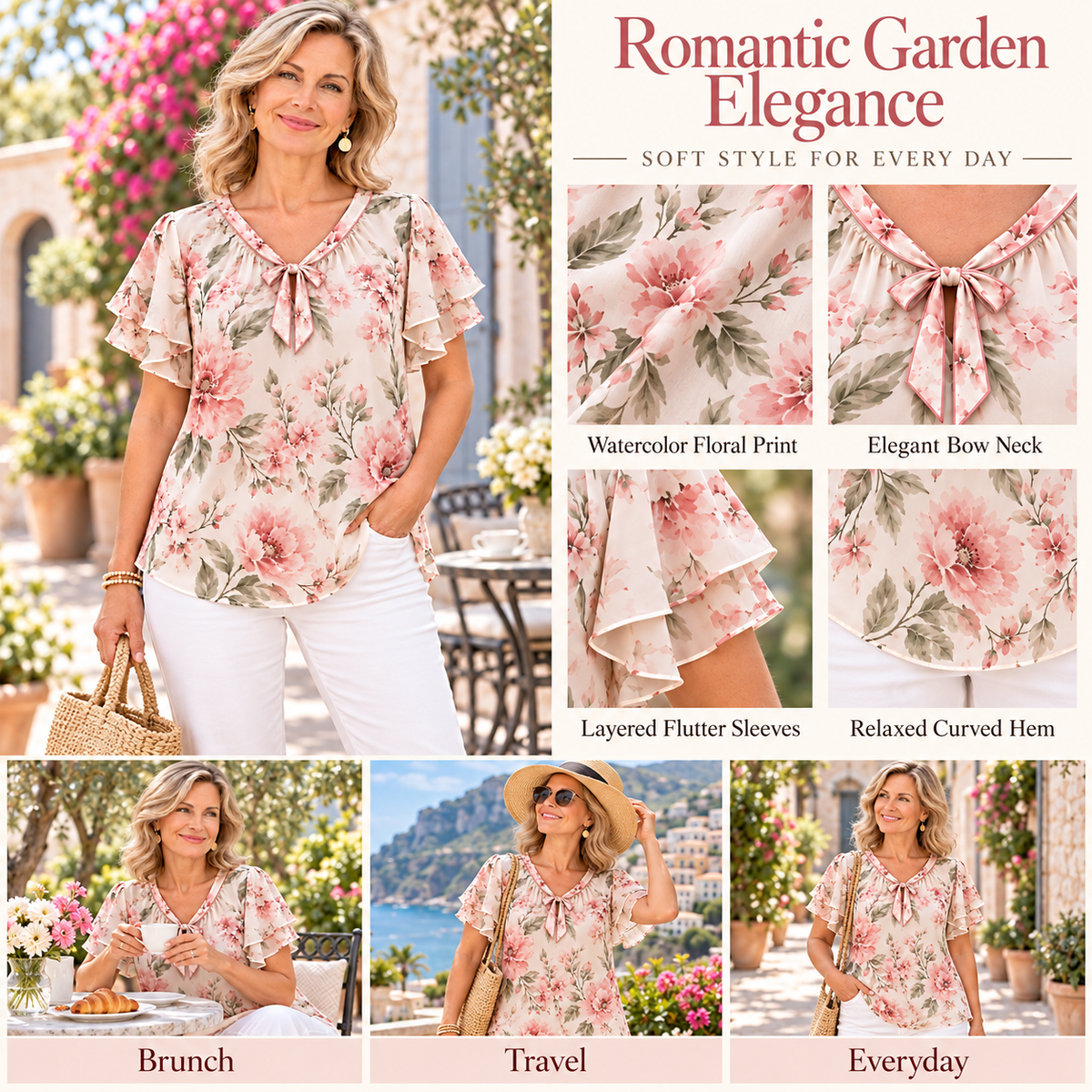 Elise | Romantic floral bow blouse flutter sleeve 4