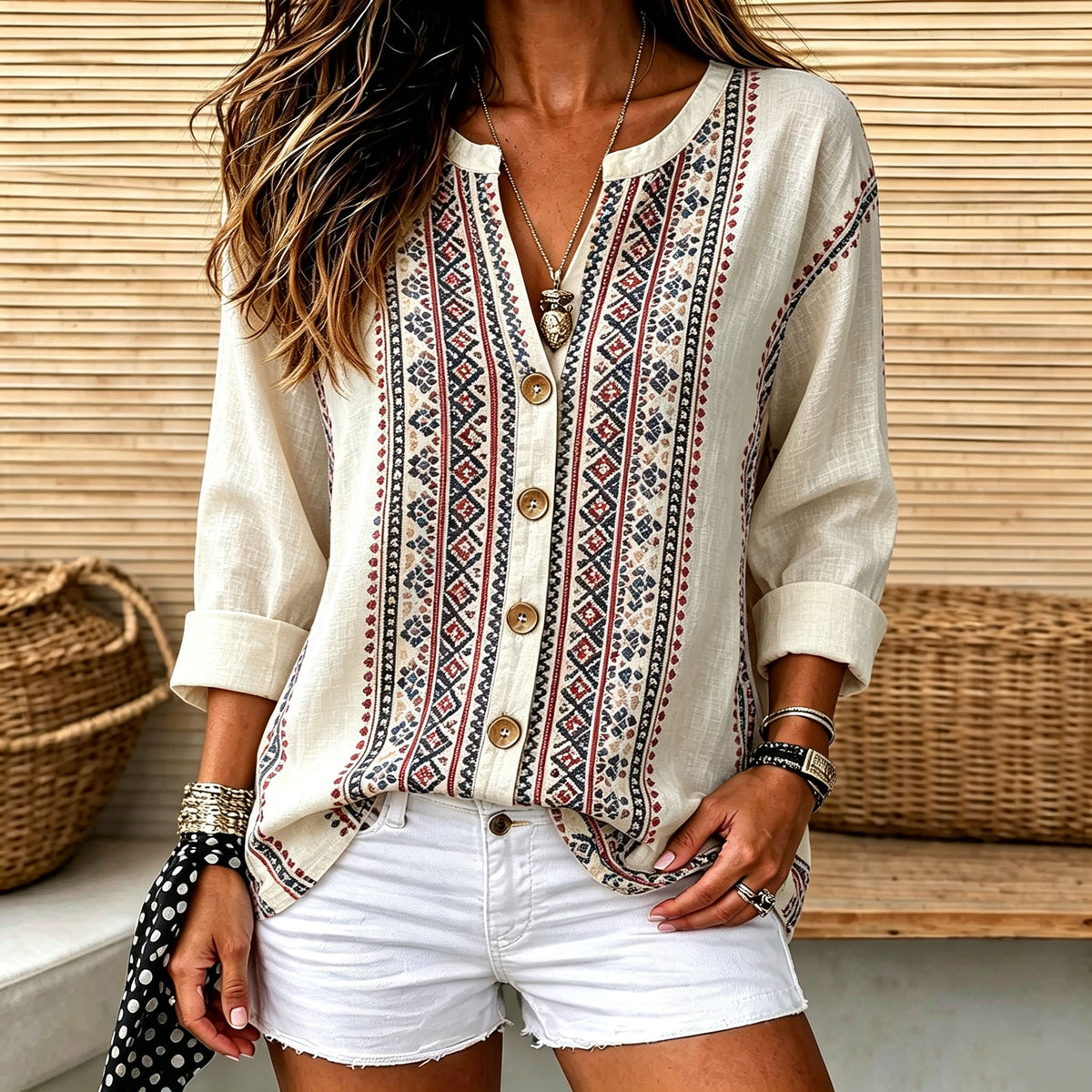 Lara | Boho tribal print split V-neck button top 1