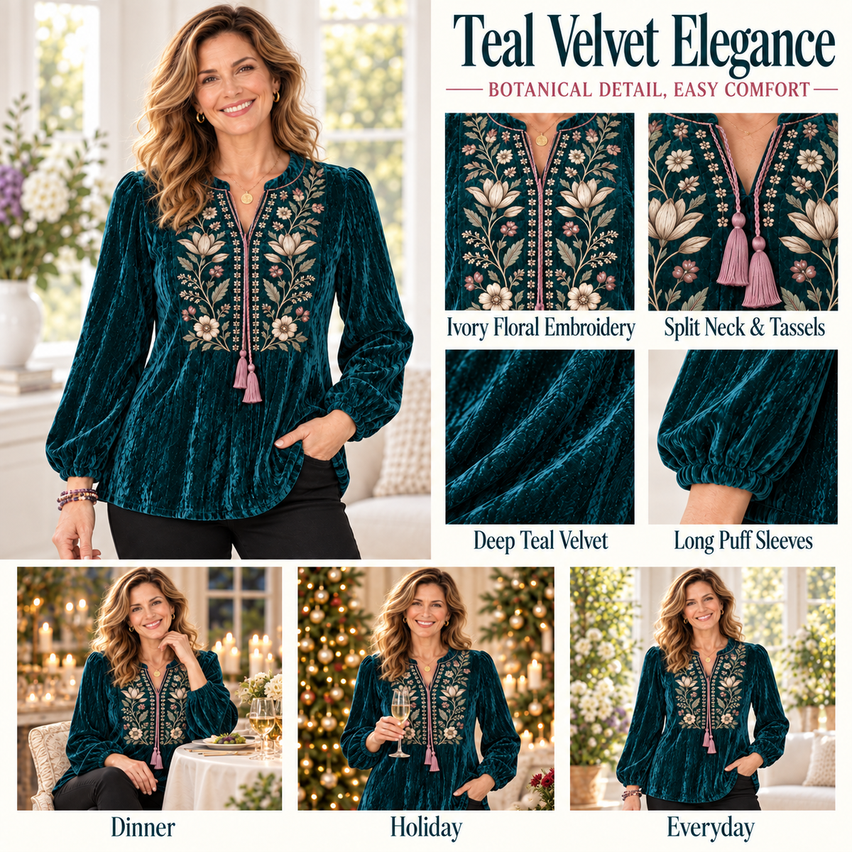 Cora | Floral embroidered velvet blouse teal 4