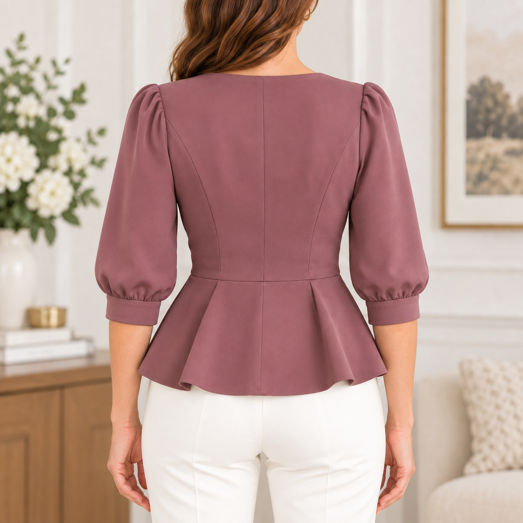 Monica | Floral embroidered peplum top mauve 3/4 sleeve 3