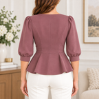 Monica | Floral embroidered peplum top mauve 3/4 sleeve 3