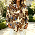 Maeve | Brown abstract dot floral print button down top 1