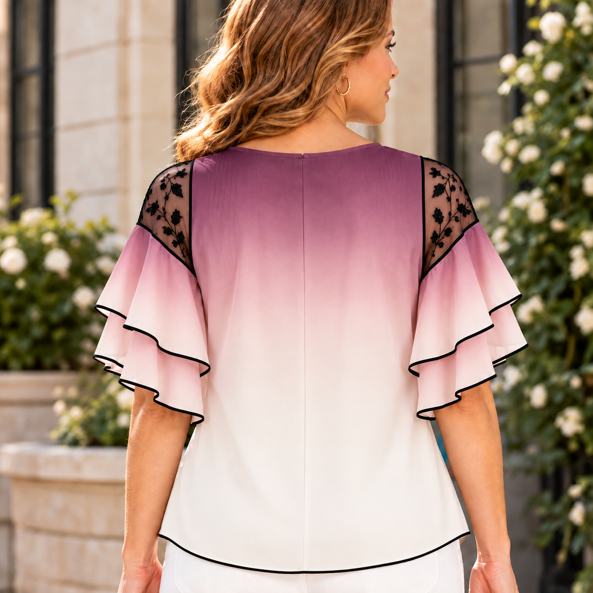Astrid | Rose ombre pleated embroidered blouse 3