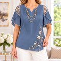 Hannah | Blue floral embroidered pleated blouse 1
