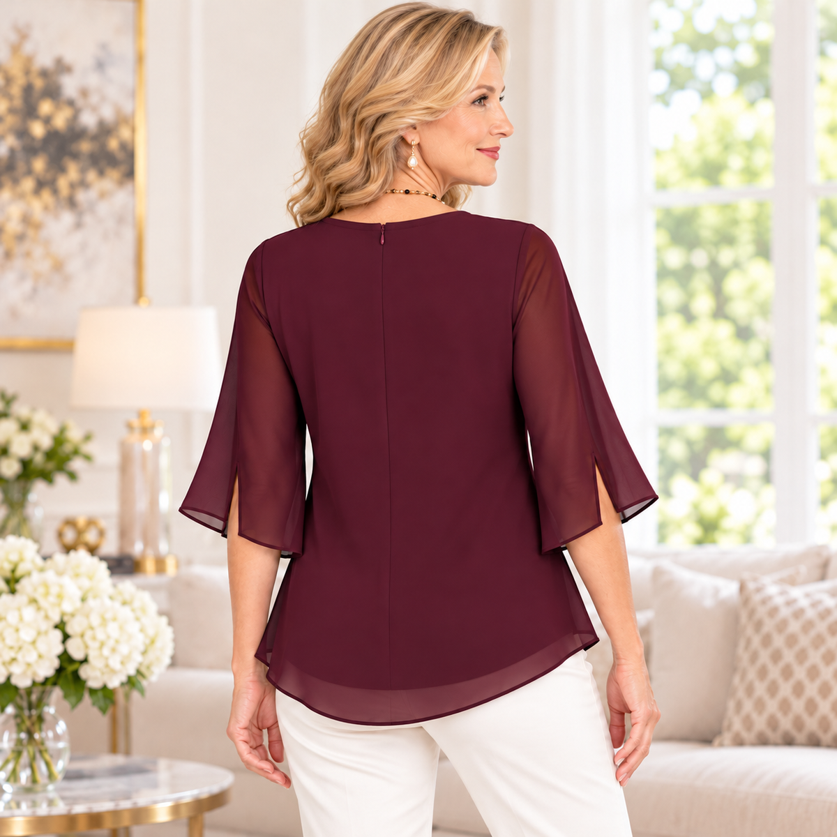 Gloria | Burgundy floral embroidered pleated blouse 3