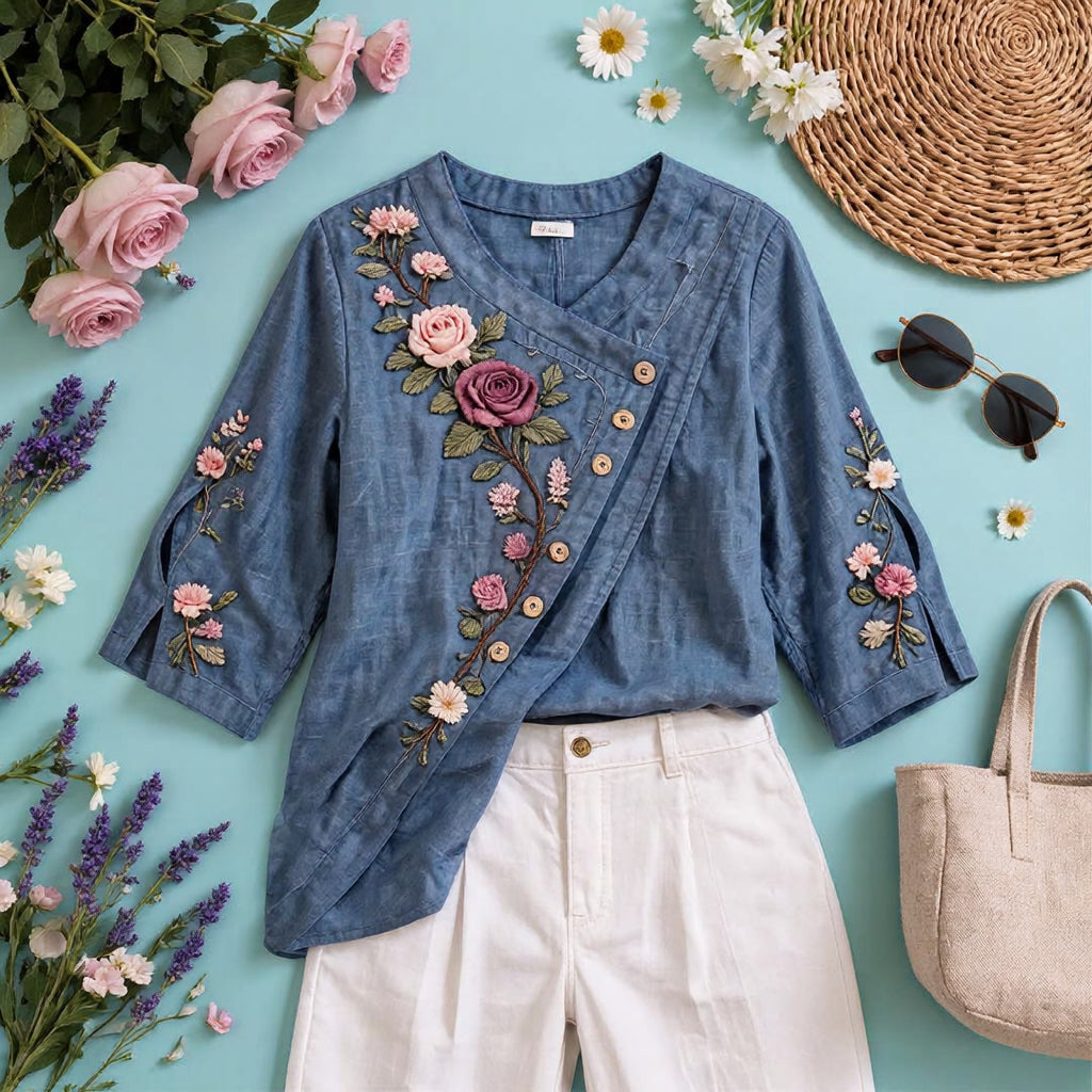 Penelope | Floral embroidered tunic blue 3/4 sleeve 3