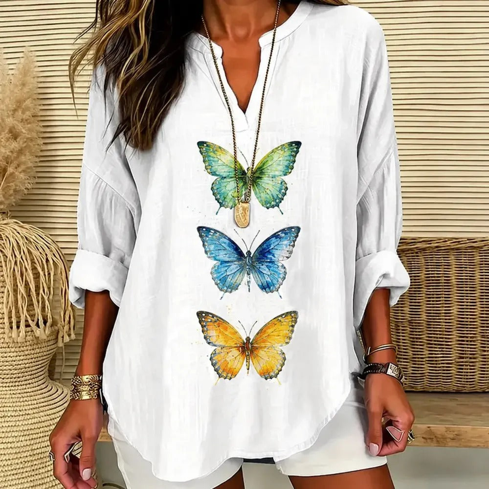 Grace | Vibrant triple butterfly print V-neck tunic 1